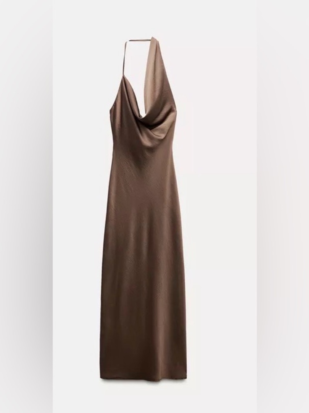Zara Brown Satin asymmetric halter cowl neckline Maxi Dress